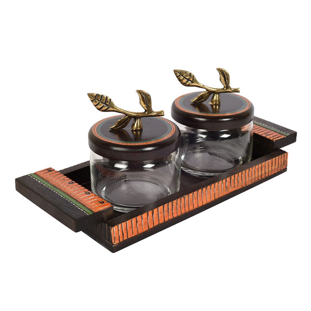Moorni Tray Wooden & 2 Glass Jaars with Brass Handle Lids (Set of 3) (12x5)