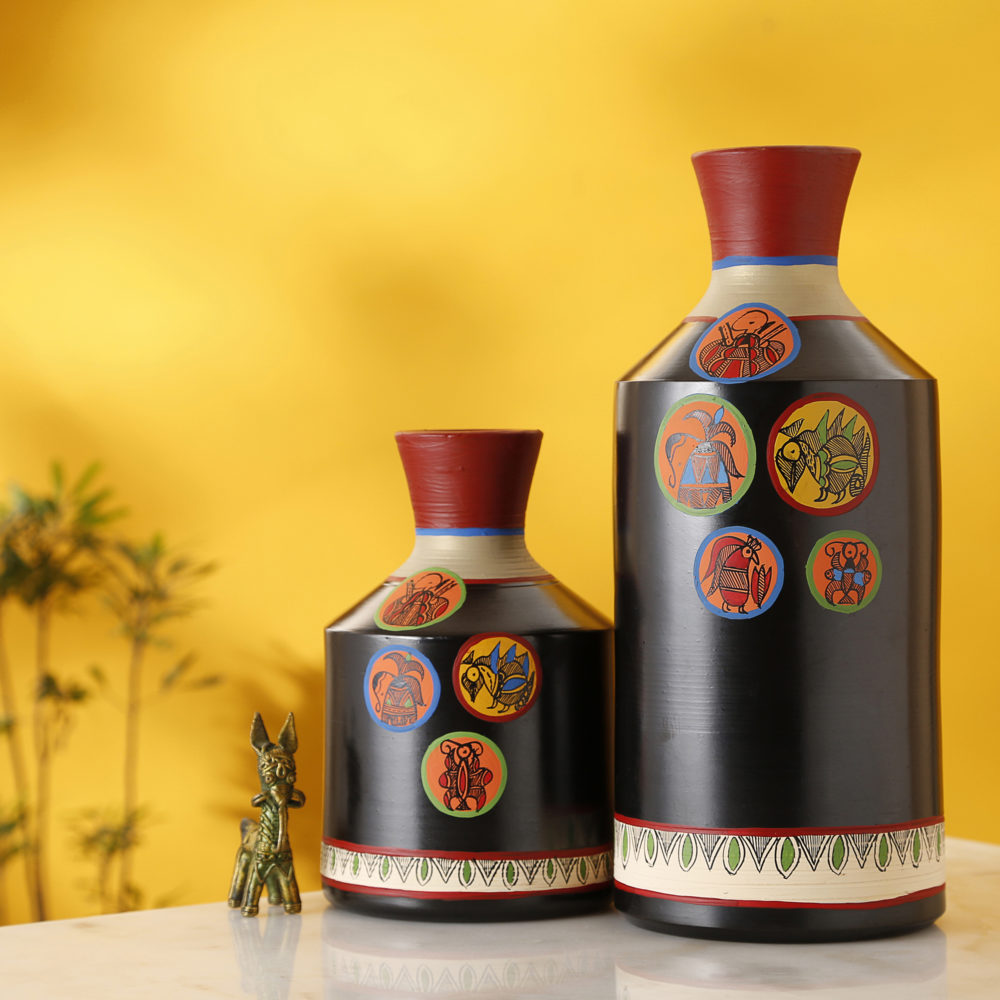 Moorni Earthen Vases Handpainted in Madhubani Tattoo Art (28 x 25 x 13 cm)