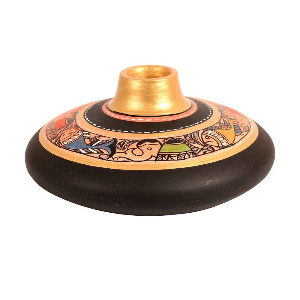 Moorni Vase Earthen Handcrafted Black Madhubani 3.5x6.5(HxD)