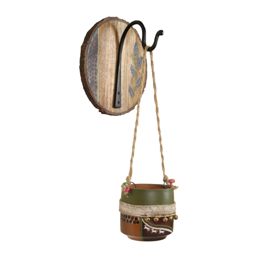 Moorni Jute Embellished Brown Earthen Planter on a Round Wall Hook