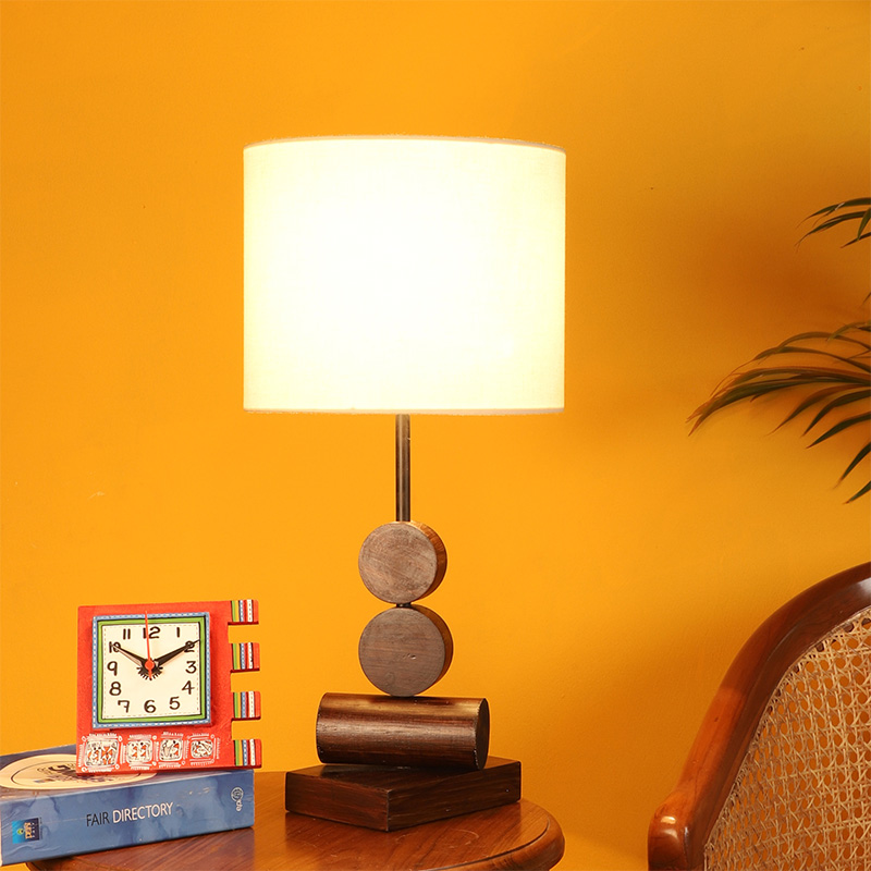 Moorni Tao I Wooden Table Lamp with Shallow Drum Shade-Height 21 inch