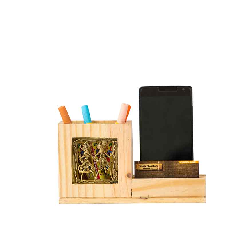 Olha-o Pine Wood Pen Stand with Card & Mobile Holder