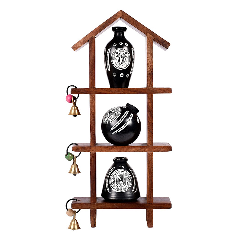 Moorni Wall Decor Ladder & 3 Handcrafted Warli Black Pots - (6x2x13 in)