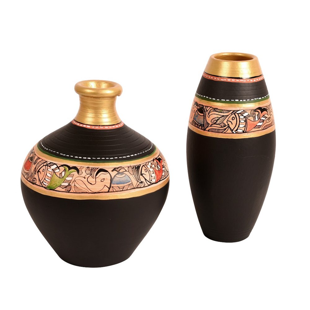Moorni Vase Earthen Black Madhubani (Set of 2) (6x5/6x3)