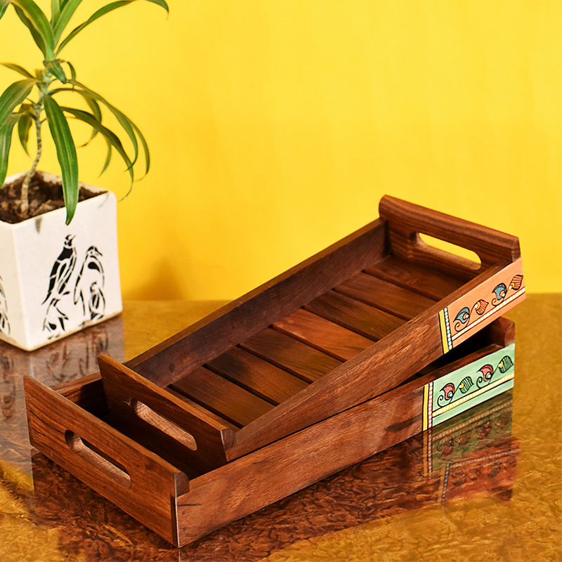 Moorni Trays with Madhubani Patterns Handcrafted in RoseWood - Set of 2 (13x7/11.5x55 in)