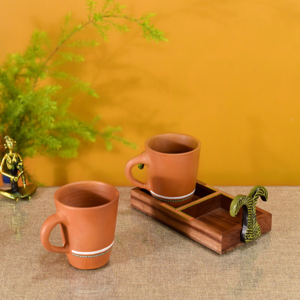 Moorni Happy Morning Earthen Coffee Mugs & Wooden Tray