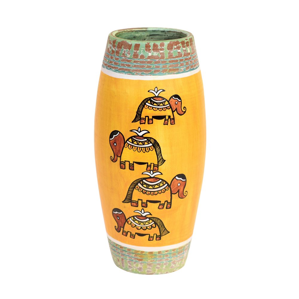 Moorni Happy Elephant Scratched Yellow Vase (4x4x9)