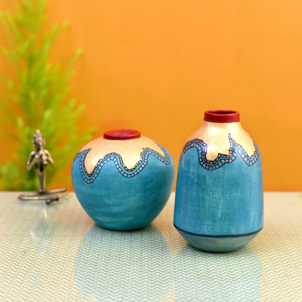 Moorni Turquoise Blue Golden Glaze Vase Set of 2 (6x5/6.5x4 Dia)