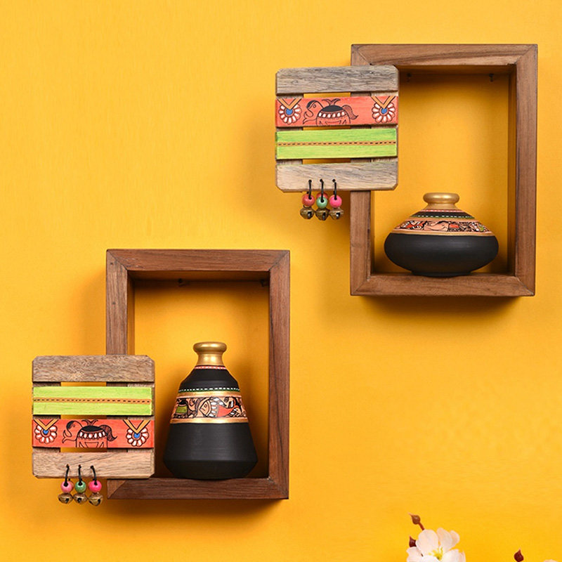 Moorni Wall Decor 2 Wooden Shelf & 2 Pots Madhubani Design Black - (9x2.7x8 in)