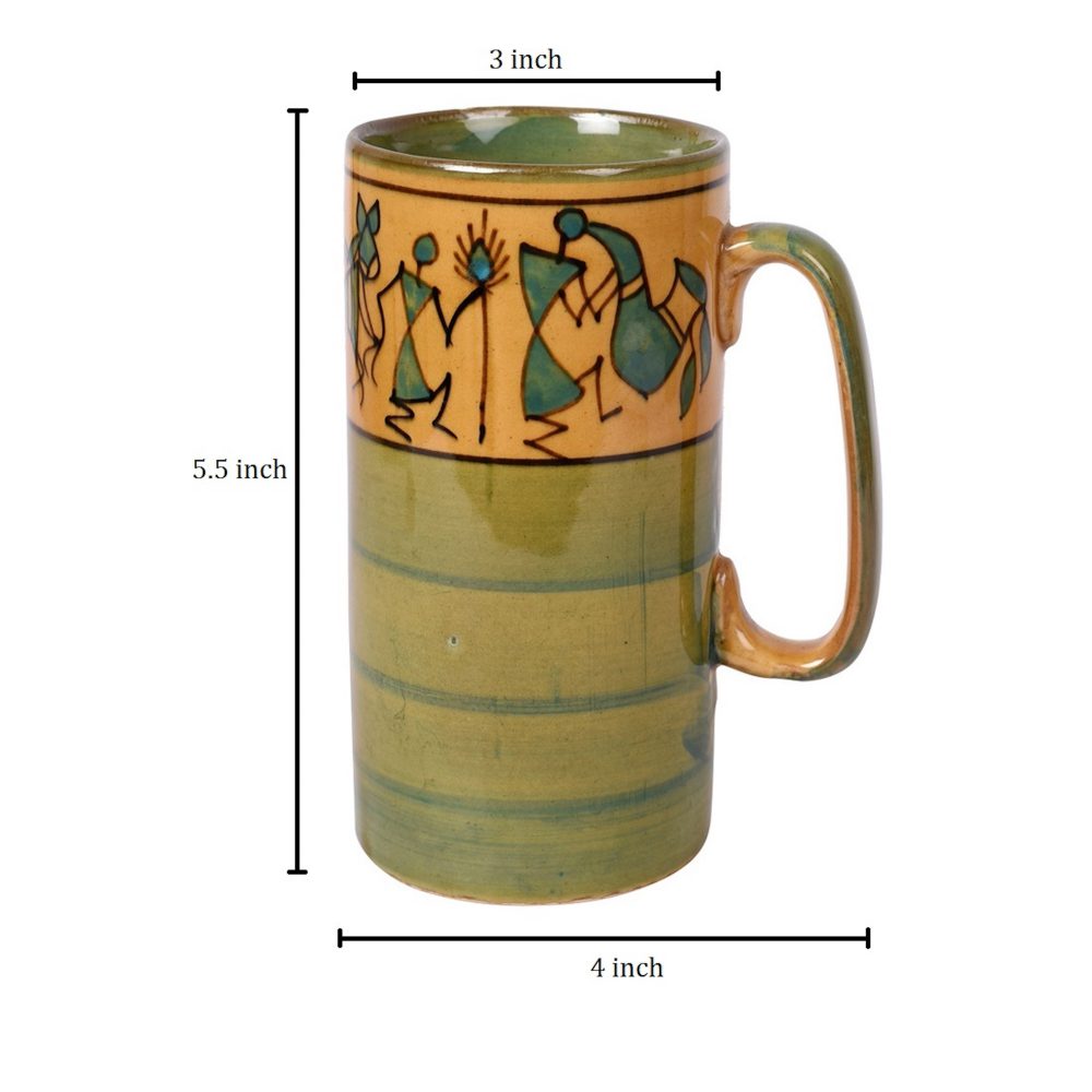 Moorni Mug Ceramic Yellow Warli (Set of 2) (5x3.75x3.1)