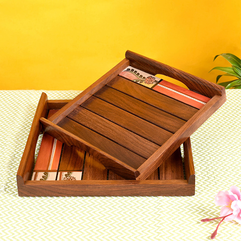 Moorni Trays with Folk Art Handcrafted in Rosewood - Set of 2 (10x10/9x9 in)