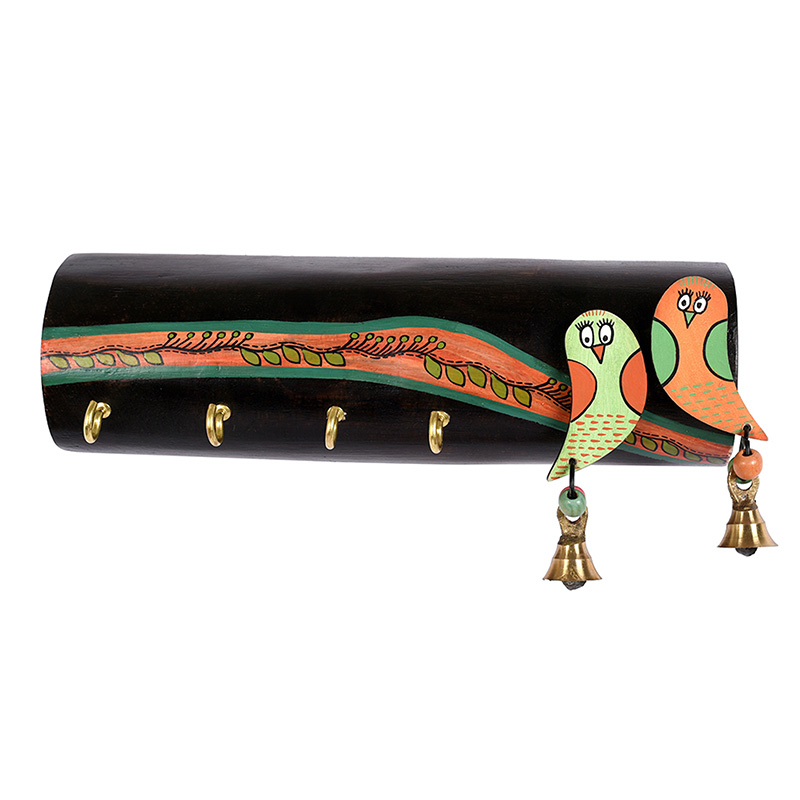 Moorni Key Holder Handcrafted Tribal Art Bird theme 4 Keys - (9x2.2x4 in)