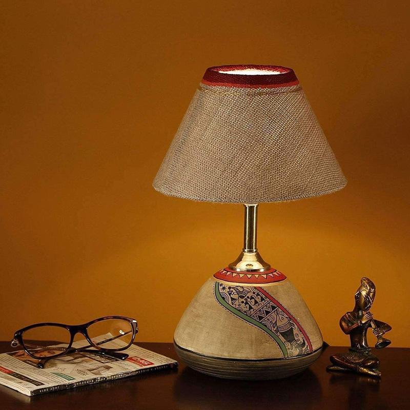 Moorni Table Lamp Beige Earthen Handcrafted with White Shade (12.6x6.1 in)