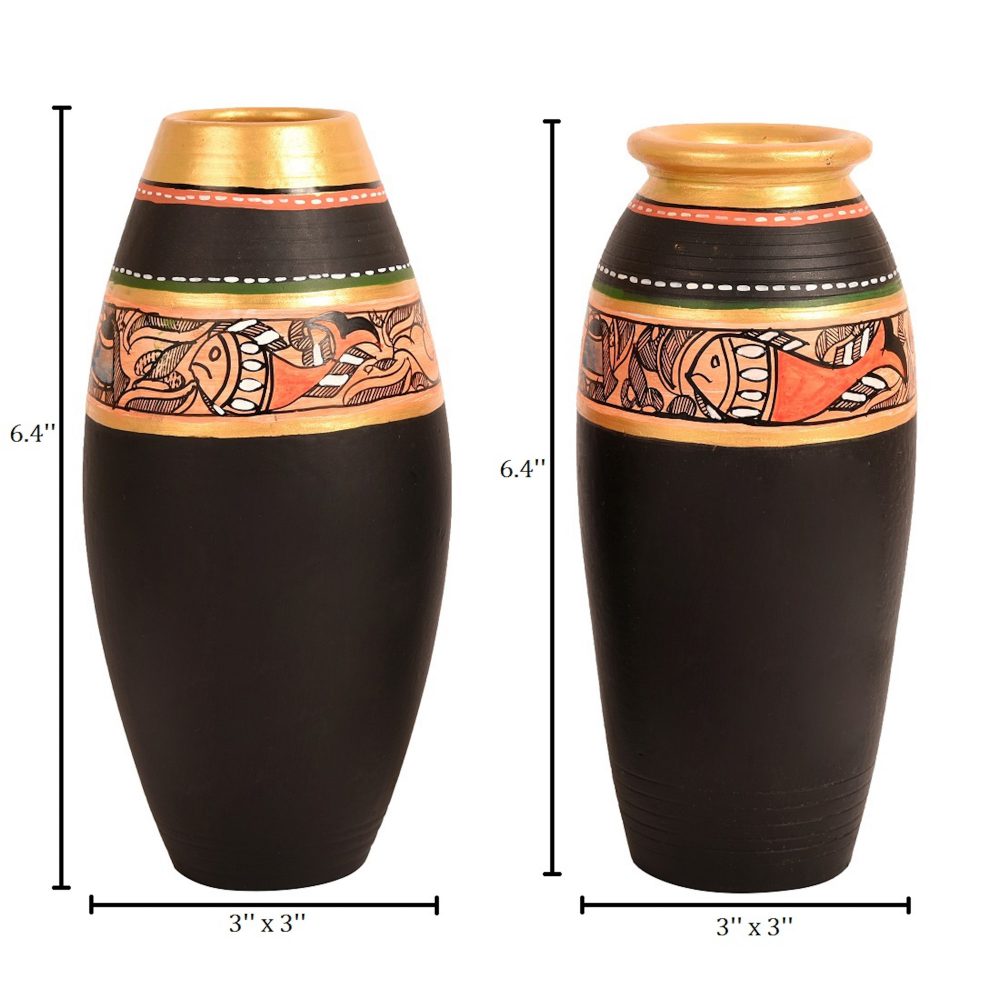 Moorni Vase Earthen Black Madhubani (Set of 2) (6.4x3/6x3)