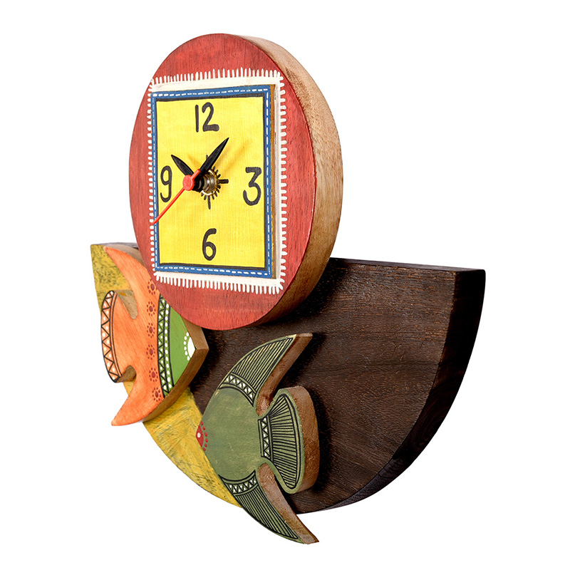 Moorni Wall Clock Handcrafted Wooden Tribal Art with Fish Motif  - (9.4x1.7x8.4 in)