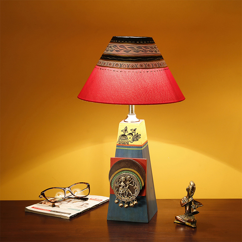 Moorni Turquoise Blue Lamp Embellished with Dhokra Brass Tiles & Red Shade