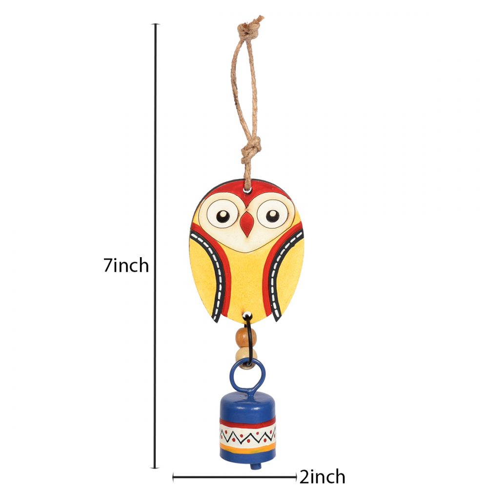 Moorni Owl Wind Chime with Metal Bell, Yellow and Blue