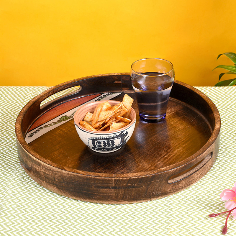 Moorni Tray Round Shape Handpainted with Flower Motifs Handcrafted in Mango Wood - (12x12 in)