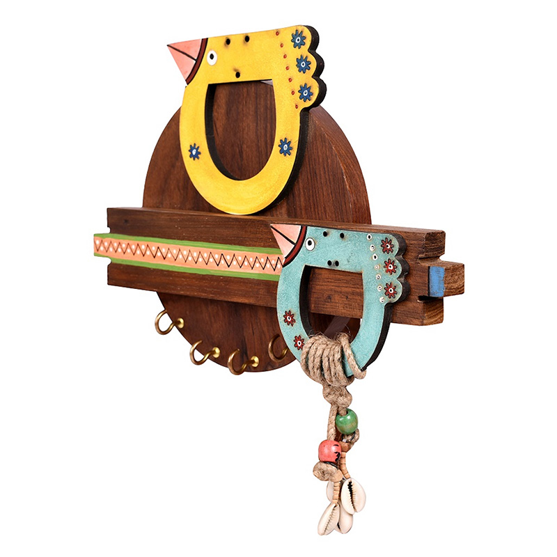 Moorni Key Holder Handcrafted Tribal Art Bird Theme 4 Keys - (10x1.7x7.5 in)