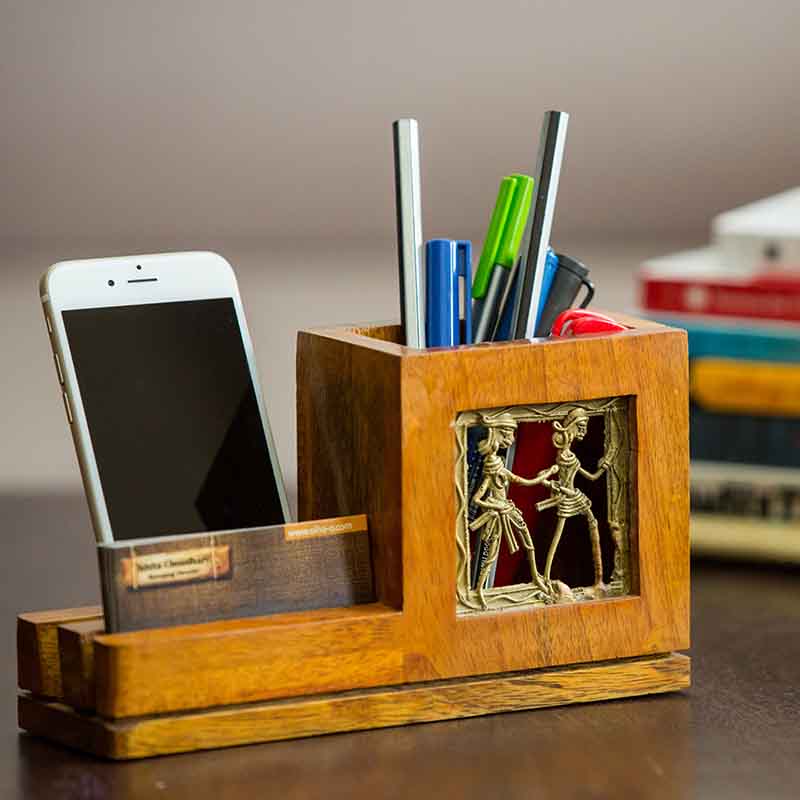 Olha-o Mango Wood Pen Stand with Card & Mobile Holder