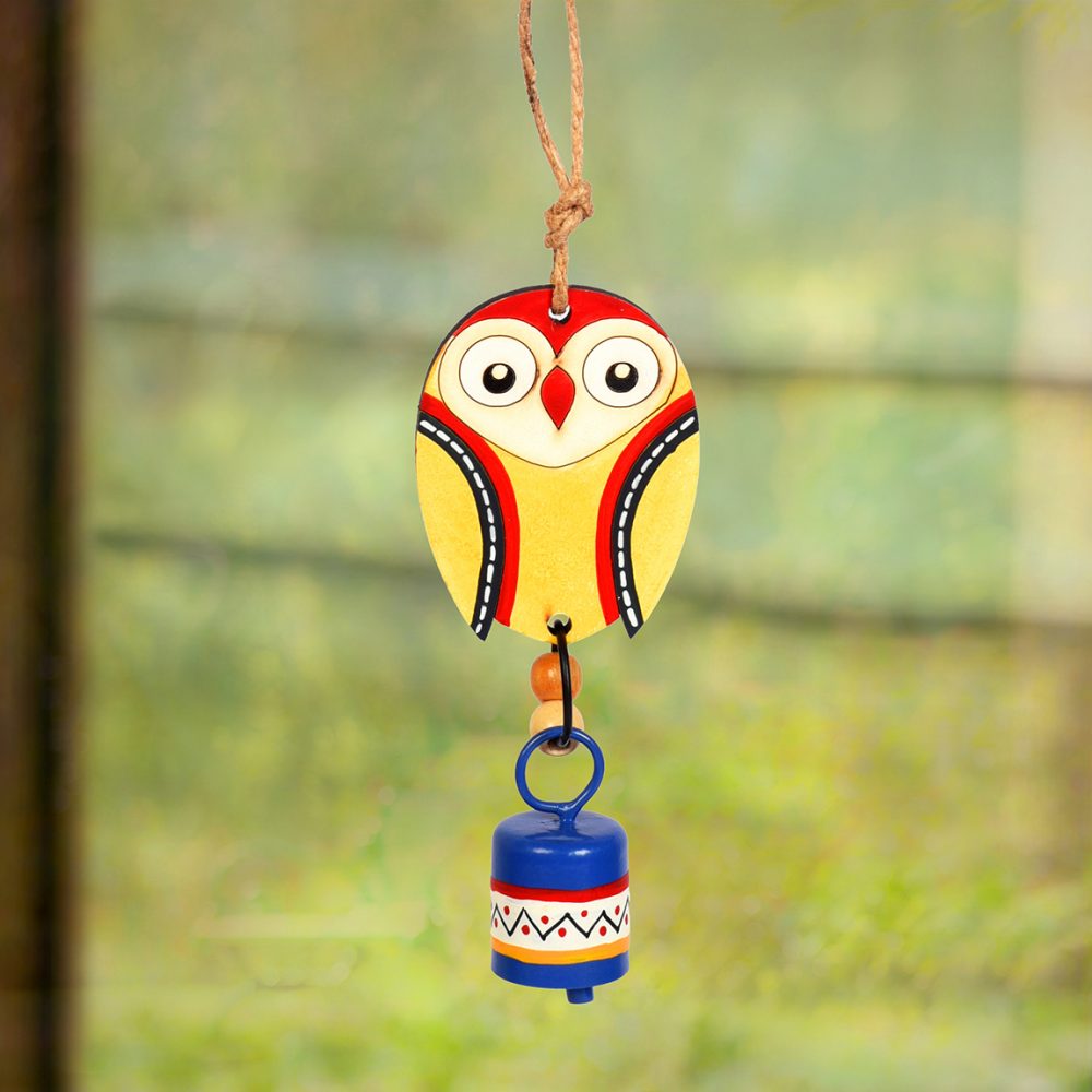 Moorni Owl Wind Chime with Metal Bell, Yellow and Blue