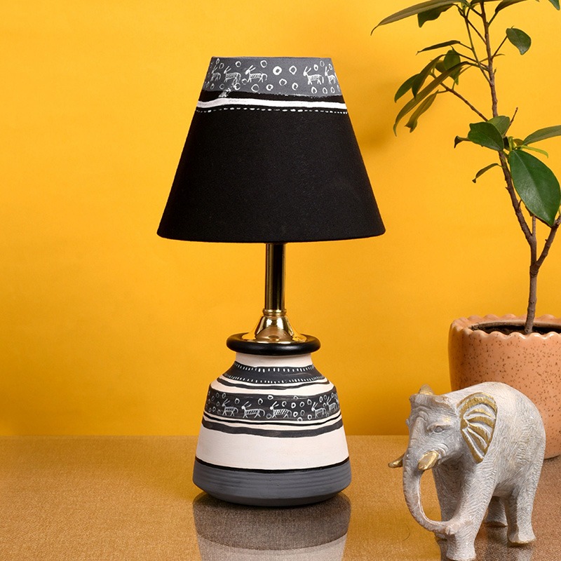 Moorni Table Lamp B&W Small Earthen Handcrafted with Black Shade - (9x4.5 in)