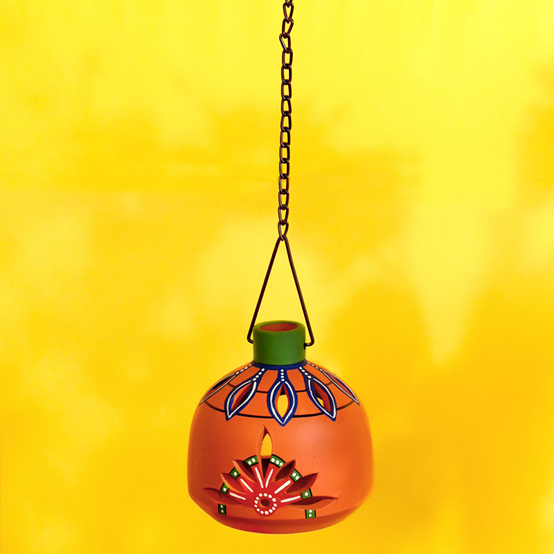 Moorni Terracotta Handpainted Pink Matki Hanging Tea Light