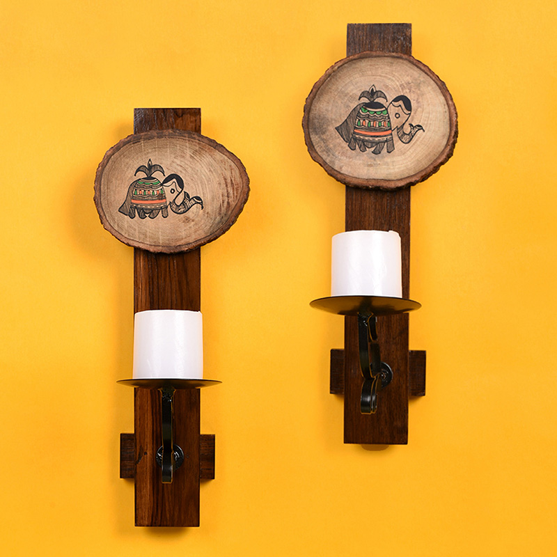 Moorni Wall Mounted Wooden Candle Stand With Tribal Art
