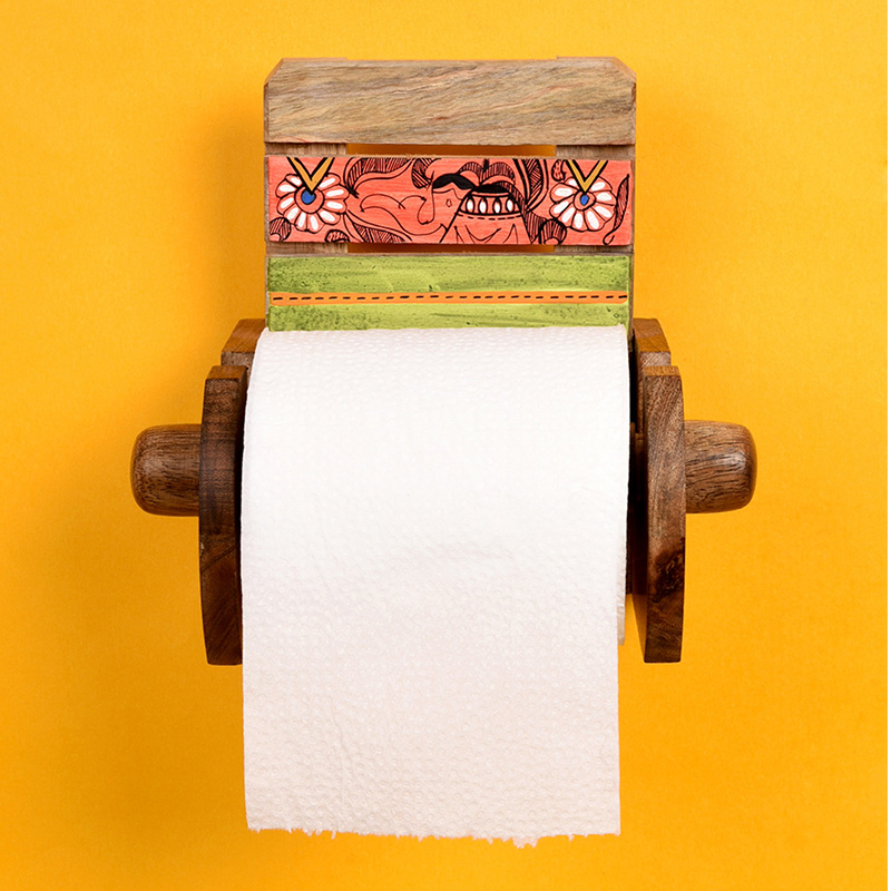 Moorni Tissue Roll/Towel Holder Handcrafted in Wood with Madhubani Art - (5x4x6.5 in)