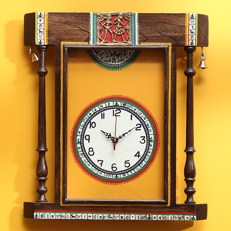 Moorni Wall Clock Handcrafted Warli Art Yellow Dial with Glass Frame - (14x16 in)