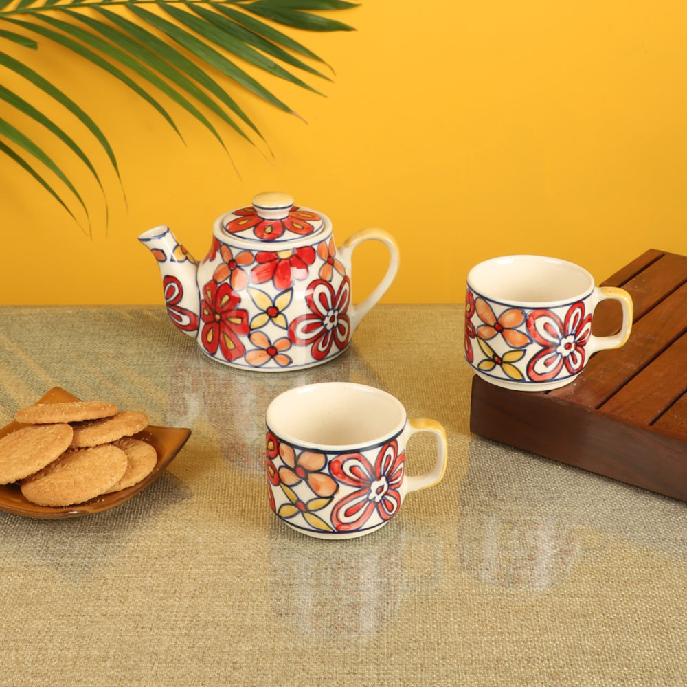 Moorni Crimson Flower Tea Kettle And Cups