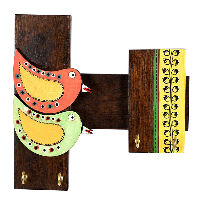 Moorni Key Holder Handcrafted Tribal Art Bird Theme 4 keys - (8x2x8 in)