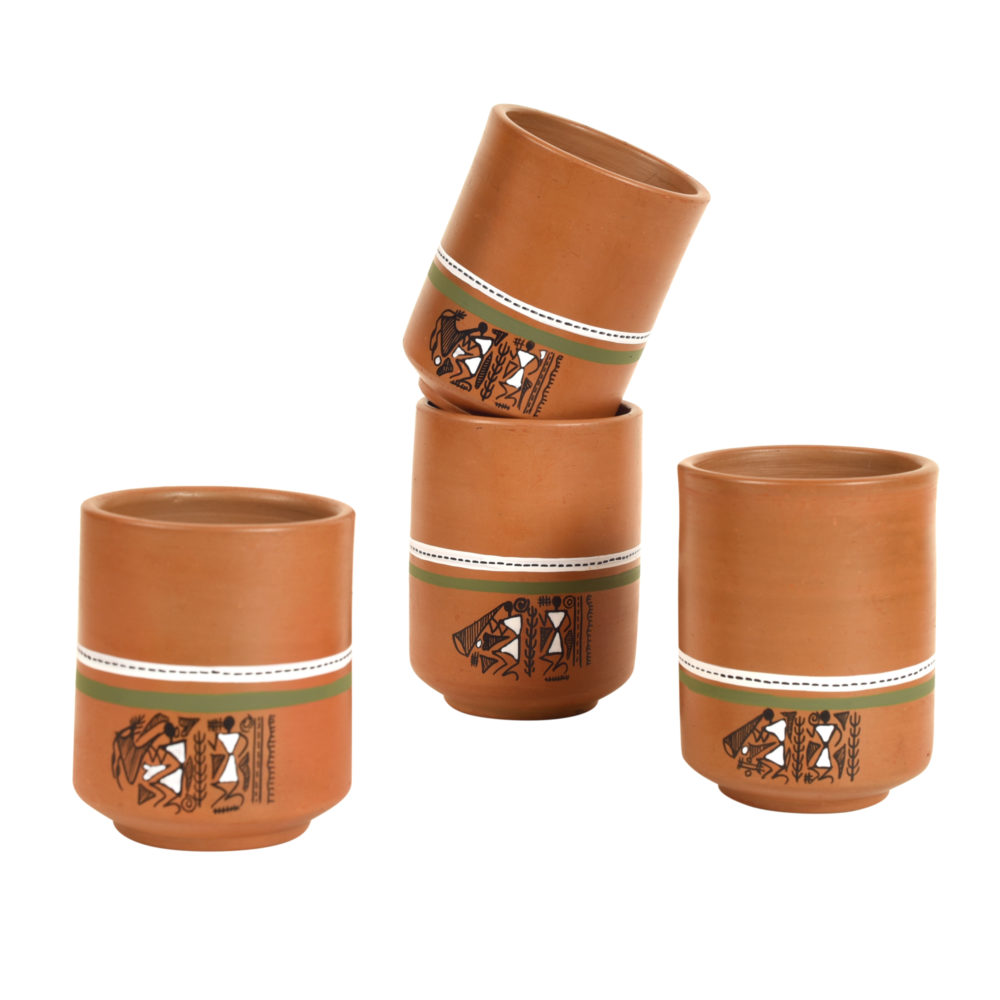 Moorni Knosh-C Earthen Mugs with Tribal Motifs (Set of 4)