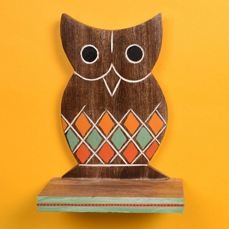 Moorni Wall Decor Handcrafted Wooden Tribal Art Owl Shelf - (6.5x49.2 in)