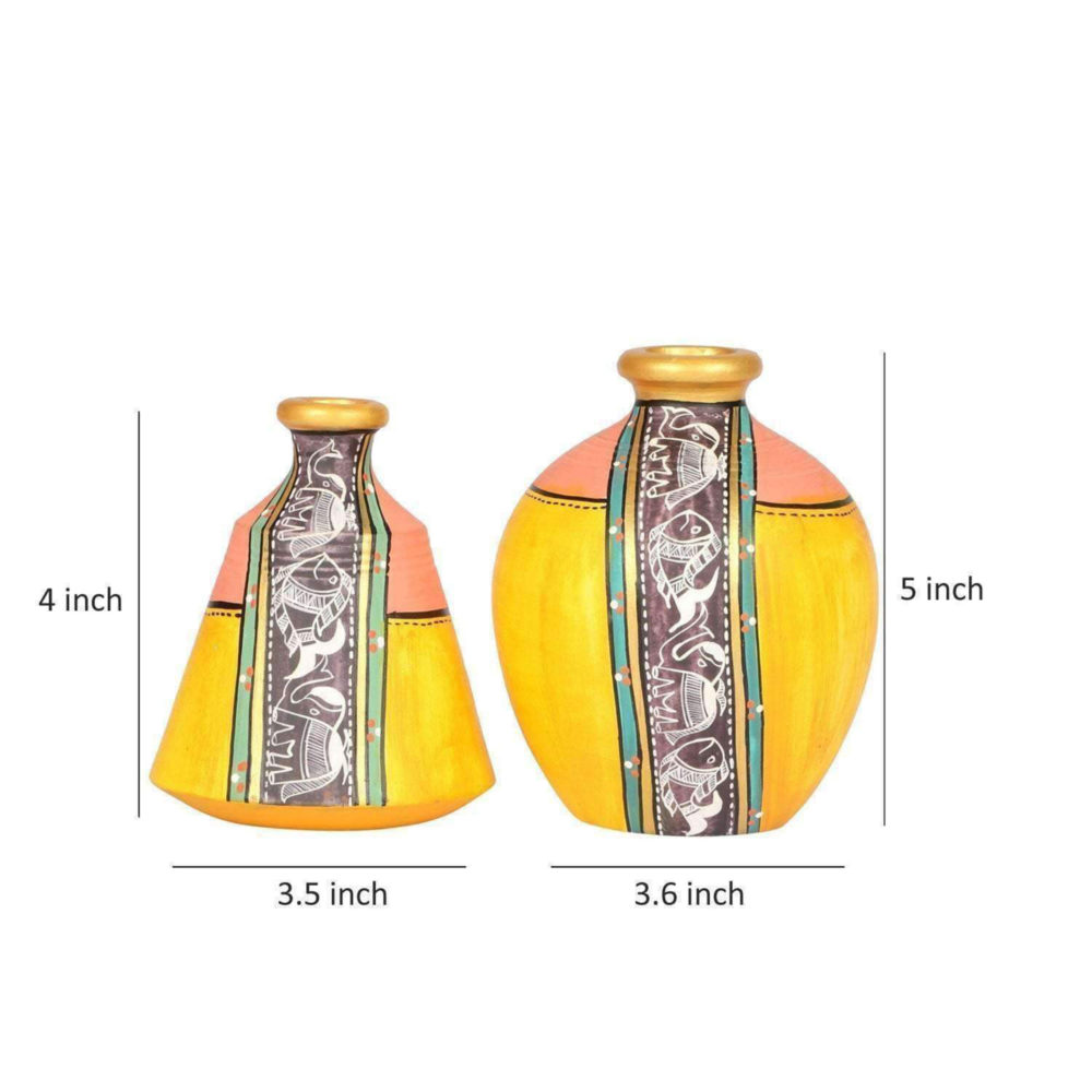Moorni Vase Earthen Yellow Madhubani (Set of 2) (4x3.5/5x3.6)