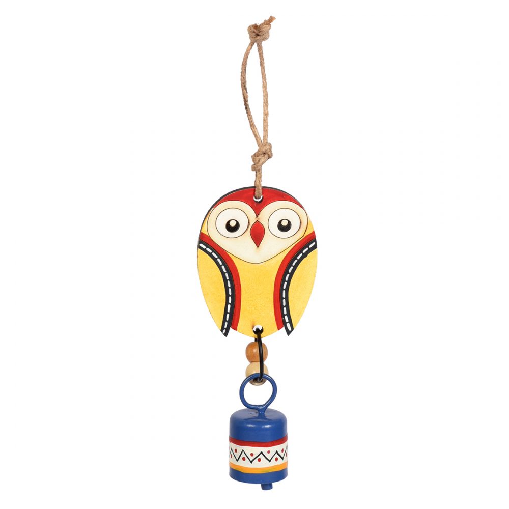 Moorni Owl Wind Chime with Metal Bell, Yellow and Blue