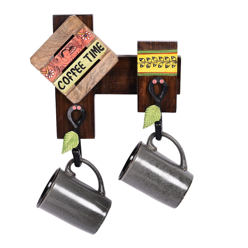 Moorni Cup Holder Handcrafted Wall Mounted & 2 Mugs (Set of 3) (10x3x10)