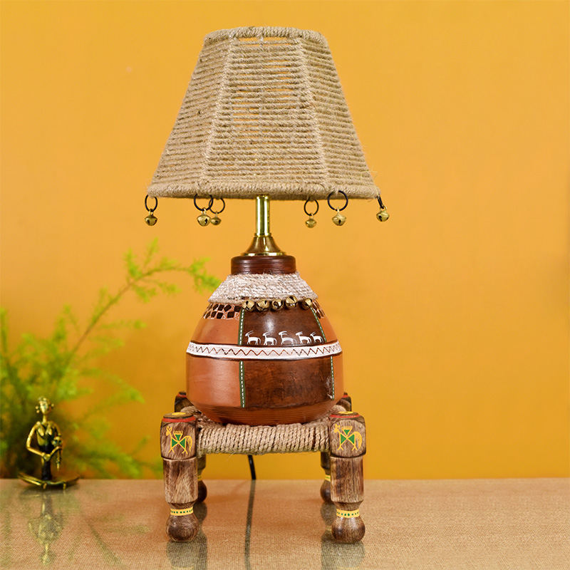 Moorni Hand Knitted Earthen Lamp with Jute Shade on Rosewood Manji - (7x7x18 in)