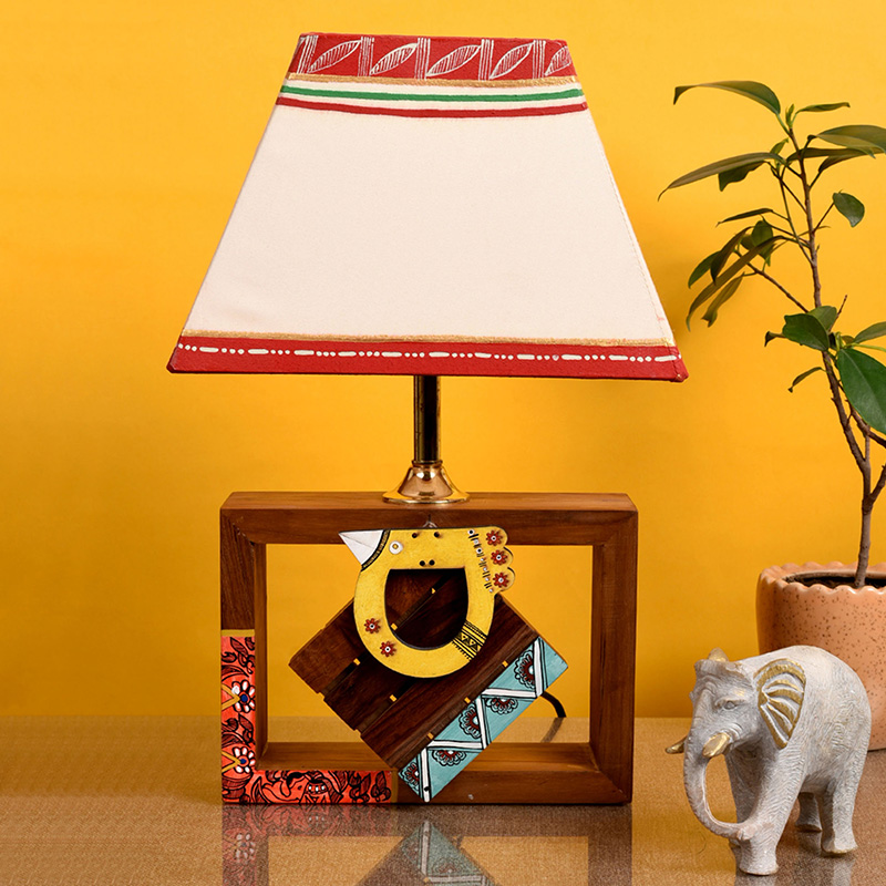 Moorni Table Lamp Handcrafted Wooden Tribal Art Bird SQ White 10in Shade - (8x4x10.7 in)