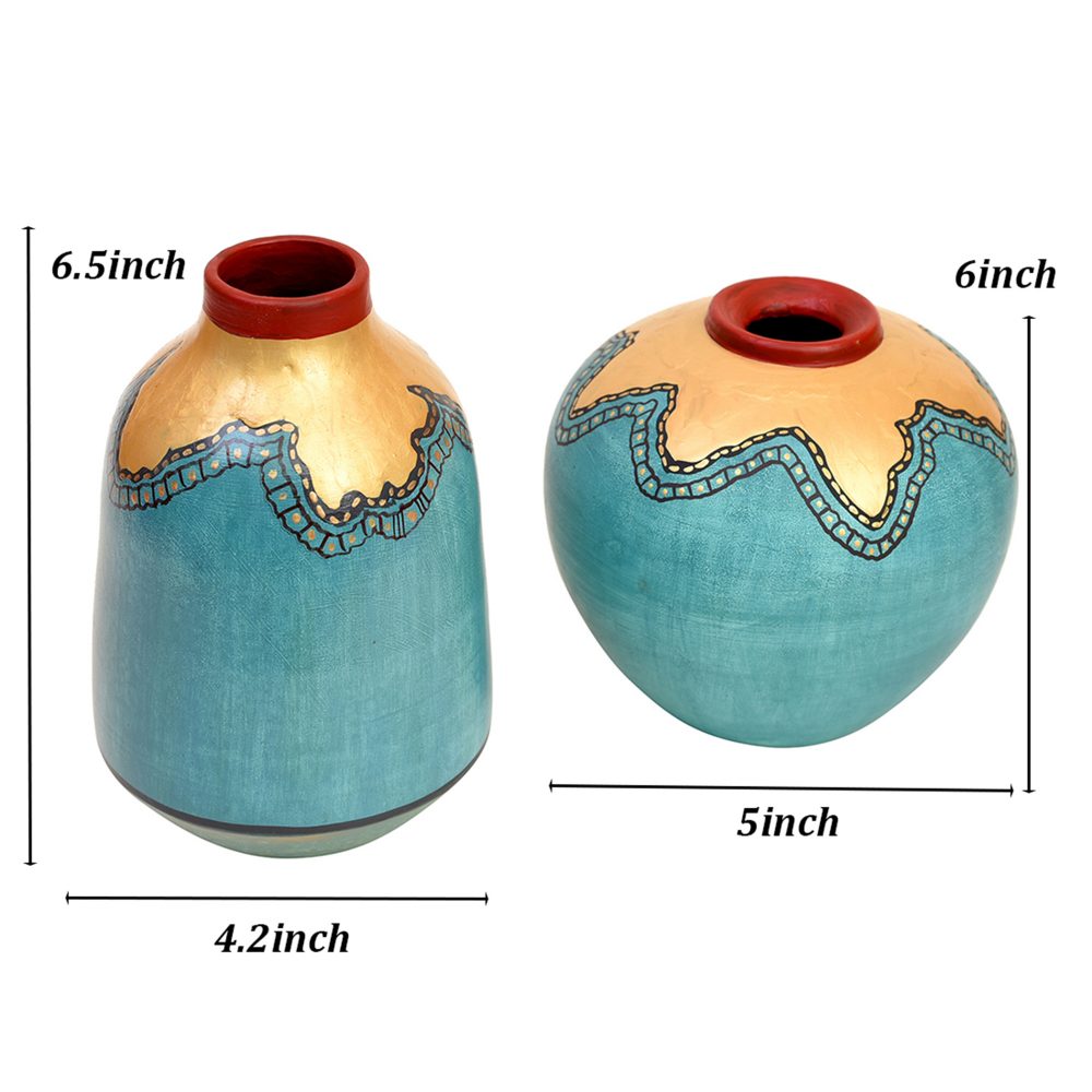 Moorni Turquoise Blue Golden Glaze Vase Set of 2 (6x5/6.5x4 Dia)