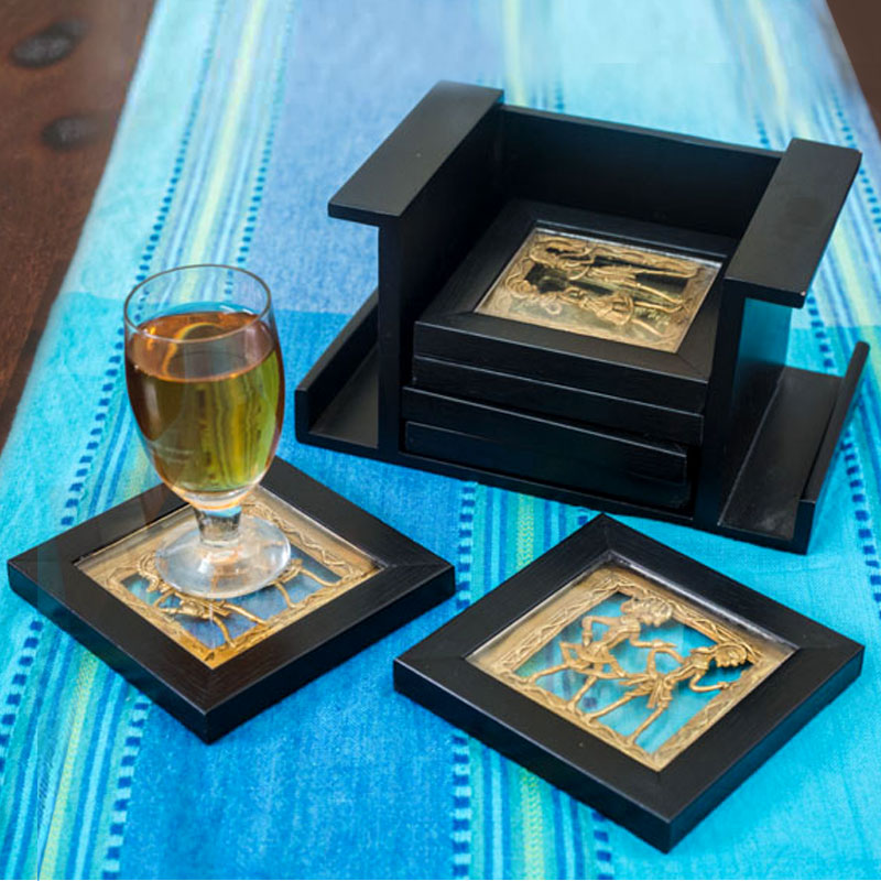 Olha-o Tribe Set of 6 Coasters with Stand Black