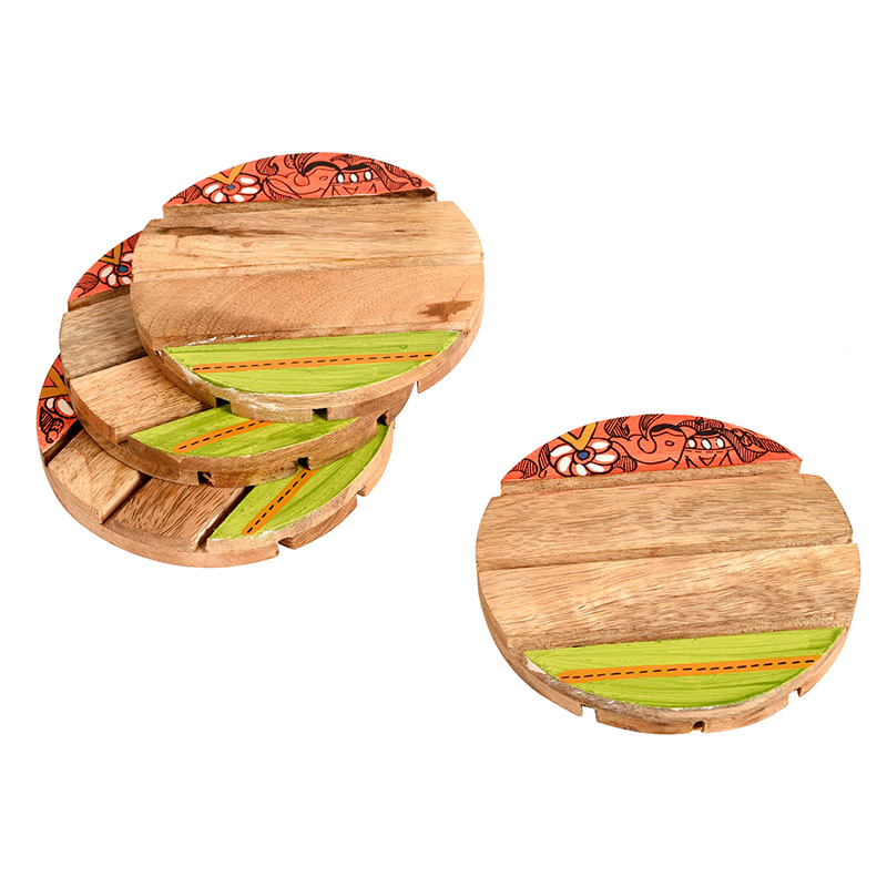 Moorni Coaster Round Wooden Handcrafted with Madhubani Art - Set of 4 (4Ã—4 in)