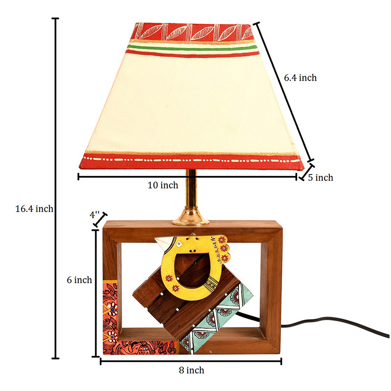 Moorni Table Lamp Handcrafted Wooden Tribal Art Bird SQ White 10in Shade - (8x4x10.7 in)