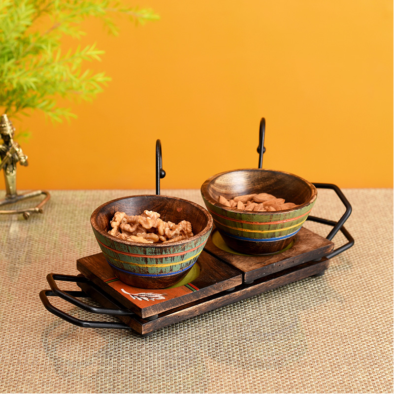 Moorni Hook-ed Snack Bowl with Square Tray Two Sets with One Holding Tray - (6.5x4x4.5/13.5x4.5 in)