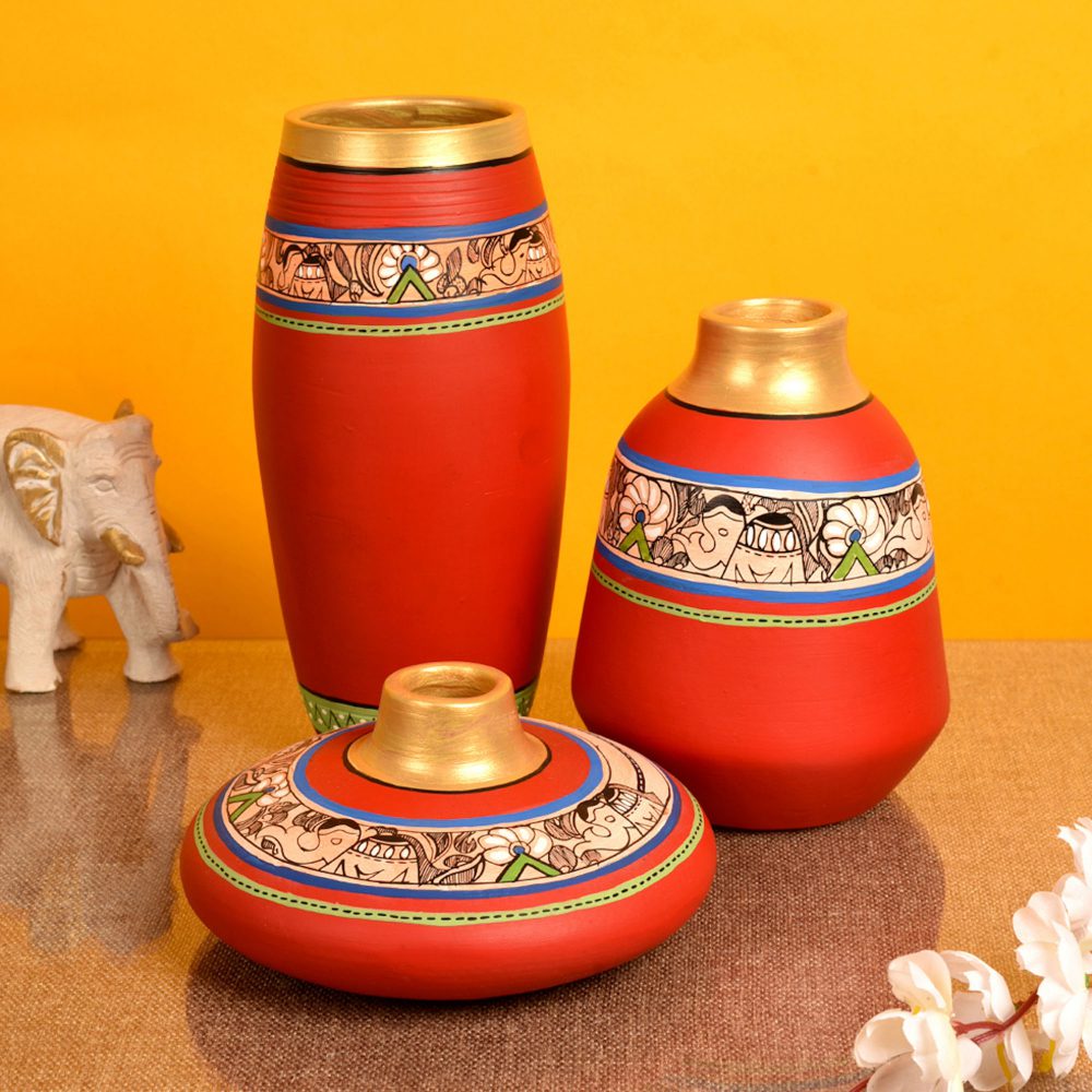 Moorni Vase Earthen Red Madhubani (Set of 3) 3.5/6.5/9