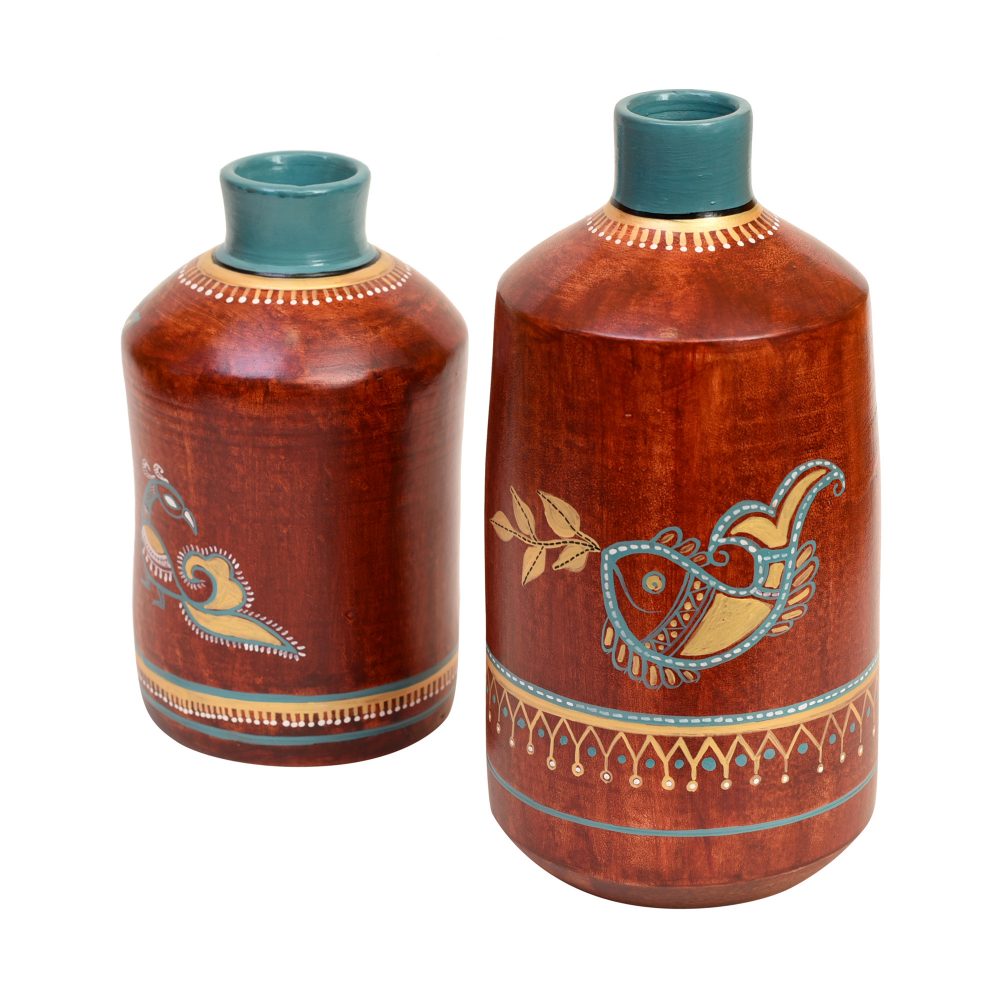 Moorni Rustic Red Madhubani Vase Set of 2 (10x5/7.5x4.5 Dia)