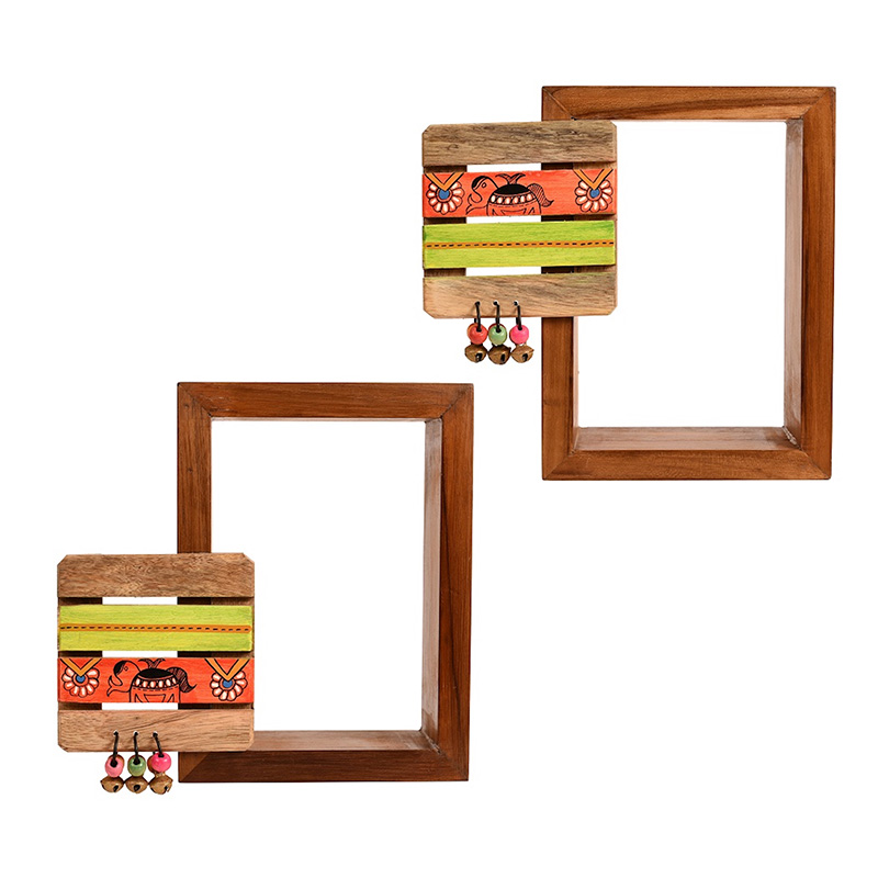 Moorni Wall Decor 2 Wooden Shelf & 2 Pots Madhubani Design Black - (9x2.7x8 in)