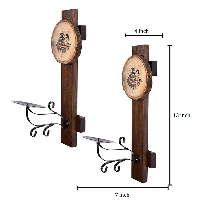 Moorni Wall Mounted Wooden Candle Stand With Tribal Art