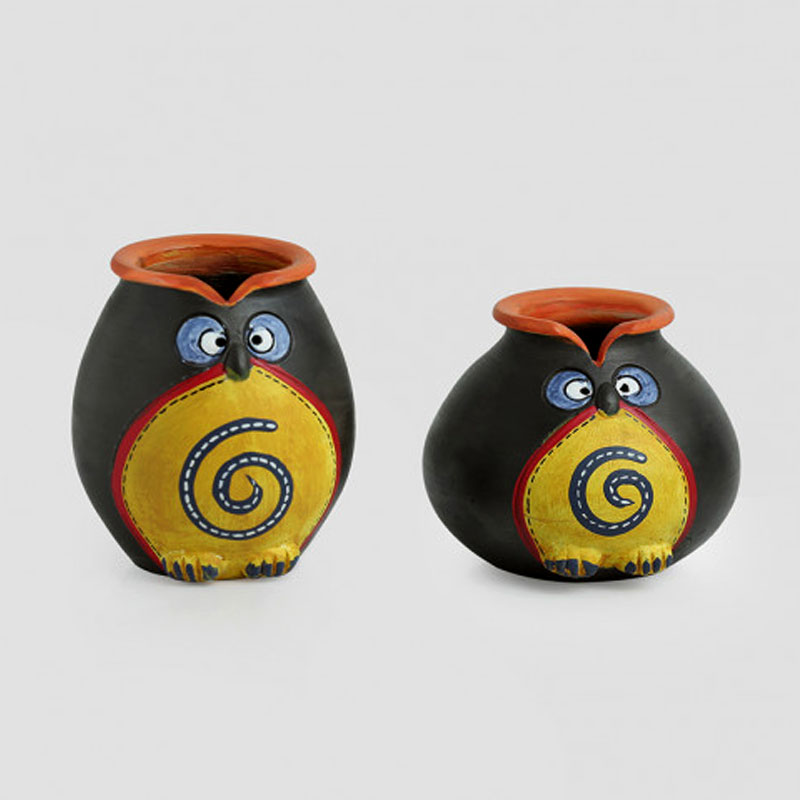 Moorni Twin Owl Pot-Faces In Terracotta (Set Of 2)
