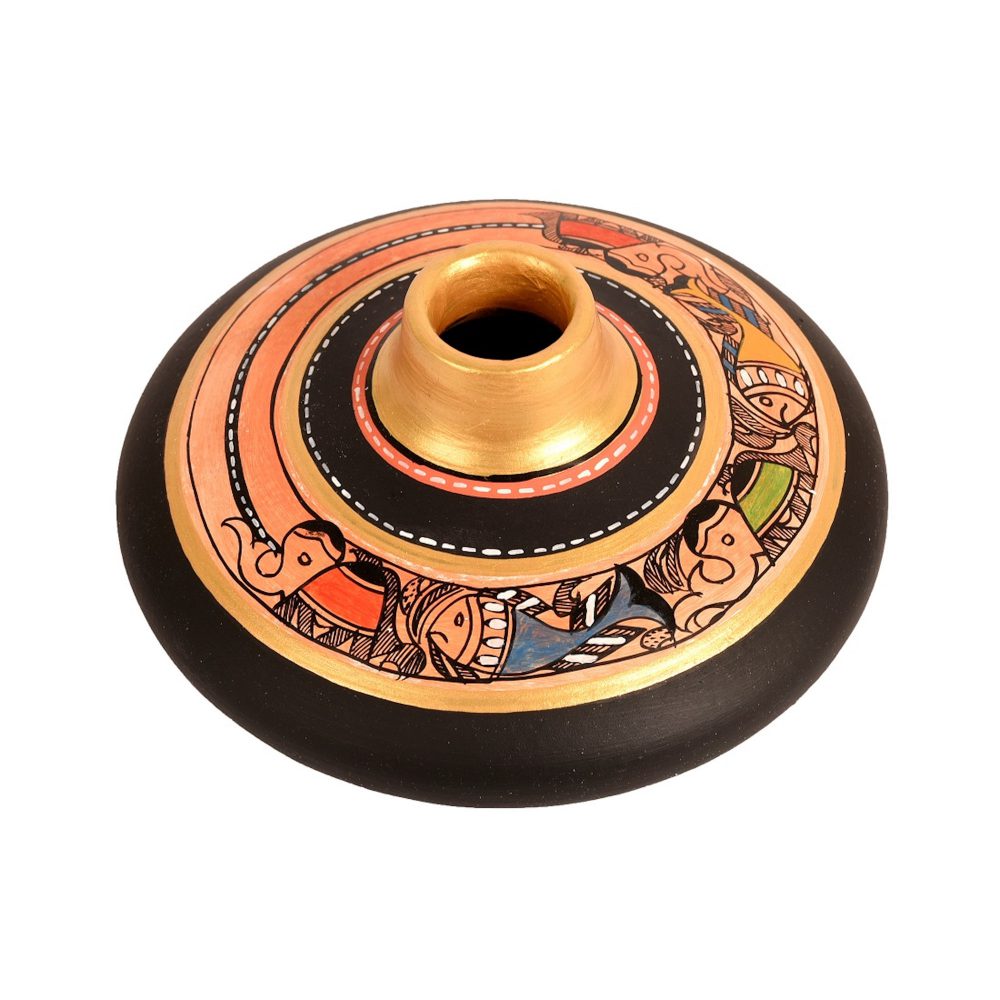 Moorni Vase Earthen Handcrafted Black Madhubani 3.5x6.5(HxD)